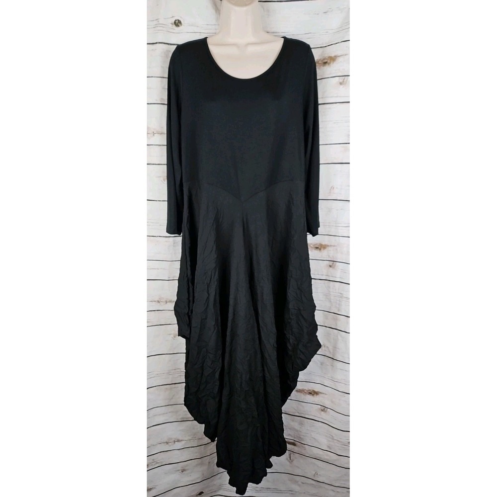 Comfy USA Black Lantern Midi Dress L Lagenlook Crinkle Mixed Media Womens